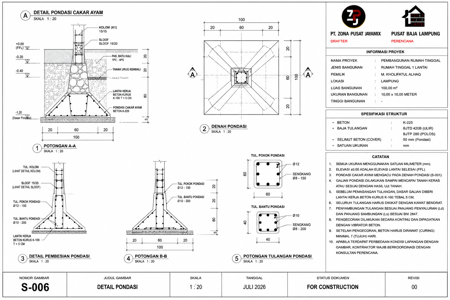 Detail Pondasi Cakar Ayam Pusat Baja Lampung