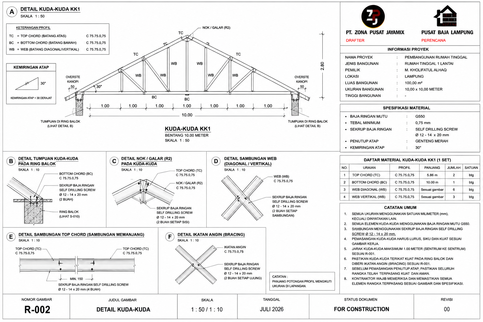 Detail kuda-kuda Pusat Baja Lampung