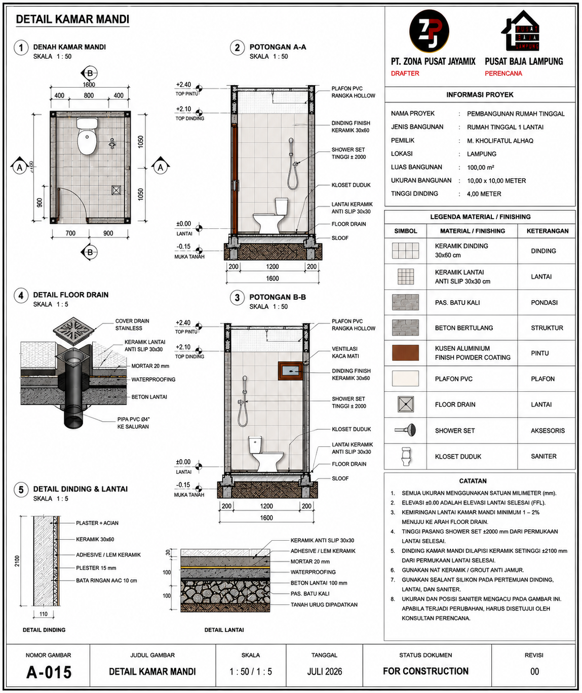 Detail rencana kamar mandi Pusat Baja Lampung