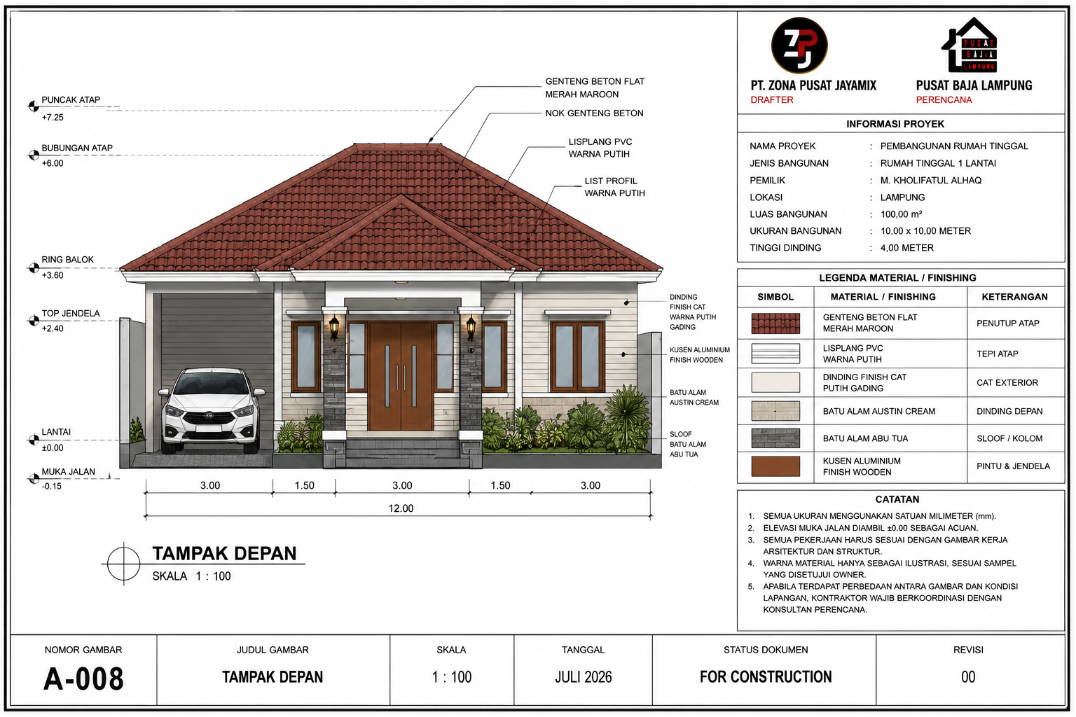 Gambar teknis tampak depan rumah Pusat Baja Lampung