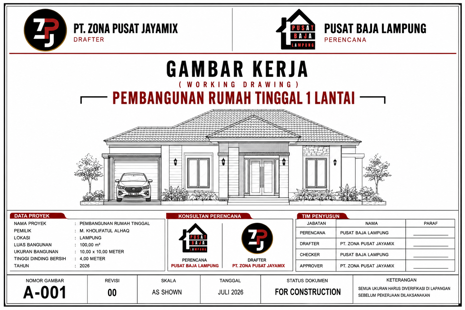 Pekerjaan Desain Rumah Ukuran 10x10 M2 PT. Zona Pusat Jayamix