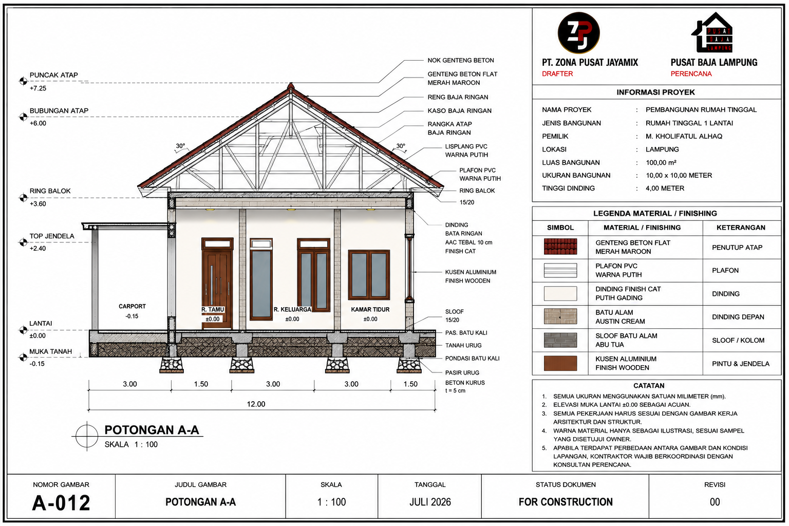 Potongan A-A - Rencana Rumah Tinggal Pusat Baja Lampung