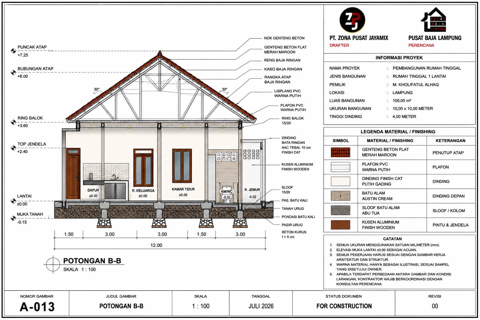 Potongan B-B rumah tinggal Pusat Baja Lampung